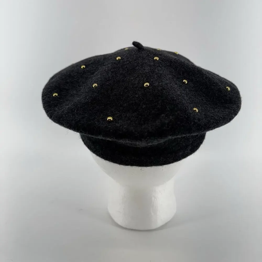 Vintage Beret Grey Wool PRT Ultrabasque Made in Czechoslovakia Gold Studded - Picture 5 of 8